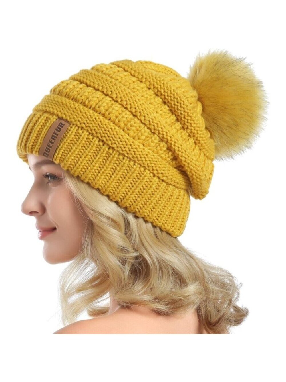 Women Ginger Soft Acrylic Thick Baggy Knit Winter Faux Fur Pompom Beanie